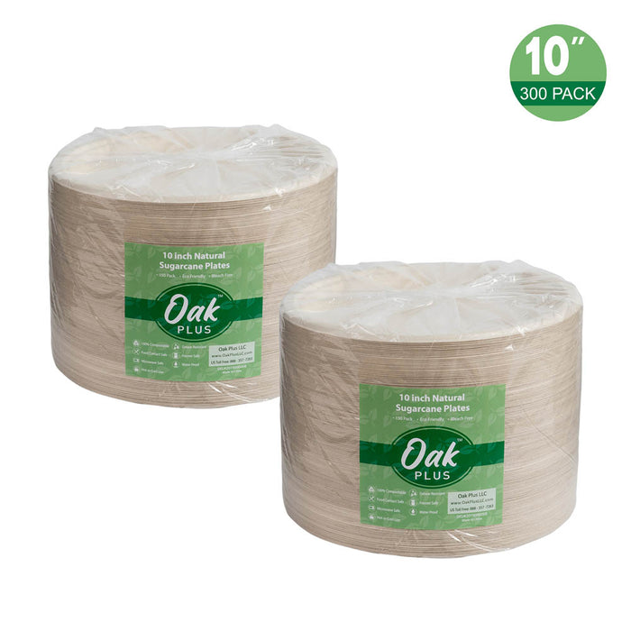 10 inch Natural Compostable & Disposable Sugarcane Plates, 300 Pack