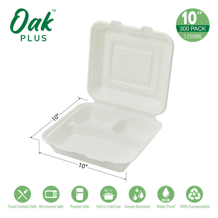 10 inch White Compostable & Disposable Sugarcane Sectional Clamshell Containers, 300 Pack