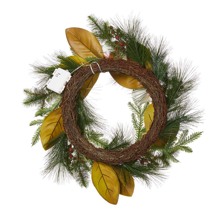 24"D Iced Magnolia Berry Pine Wreath With Lights