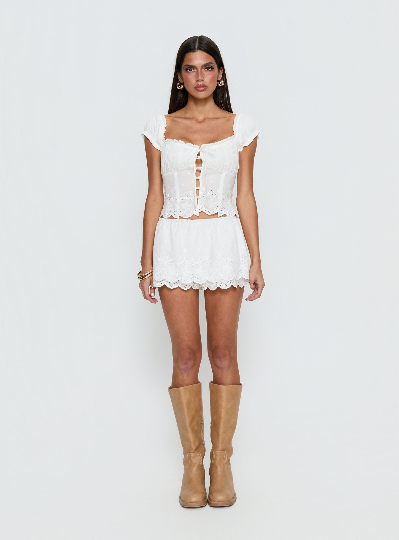 Twin Spirit Off Shoulder Broderie Top White