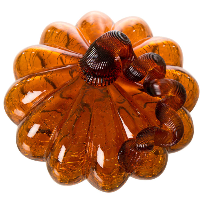 6.69"L Hand Blown Amber Crackle Glass Pumpkin Decor