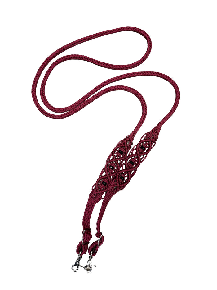 8' Fancy braided beaded burgundy loop reins with black obsidian