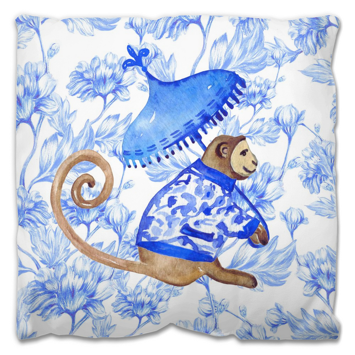 Belvedere II Outdoor Pillows Chinoiserie Monkey Palm Blue