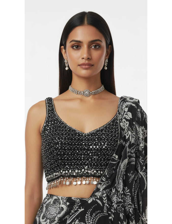 Black Crepe Embroidered Draped Saree Set