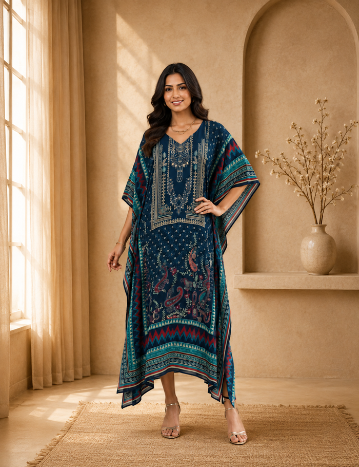 Blue Printed Georgette Kaftan with Intricate Ethnic Patterns for Women
