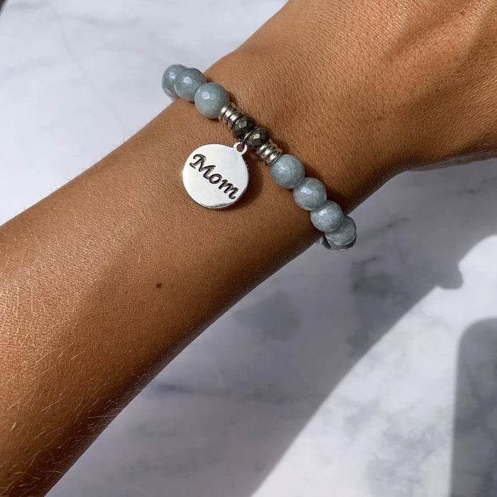 Blue Quartzite Gemstone Bracelet with Mom Sterling Silver Charm T. Jazelle