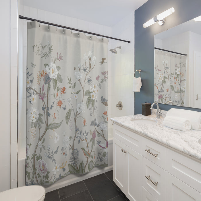 Chinoiserie Fresco Floral Stone Grey Shower Curtain