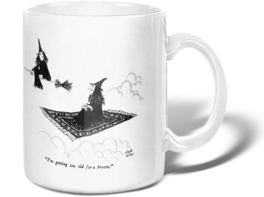 "I'm getting too old for a broom." (One witch riding a magic carpet to another riding a broom.)