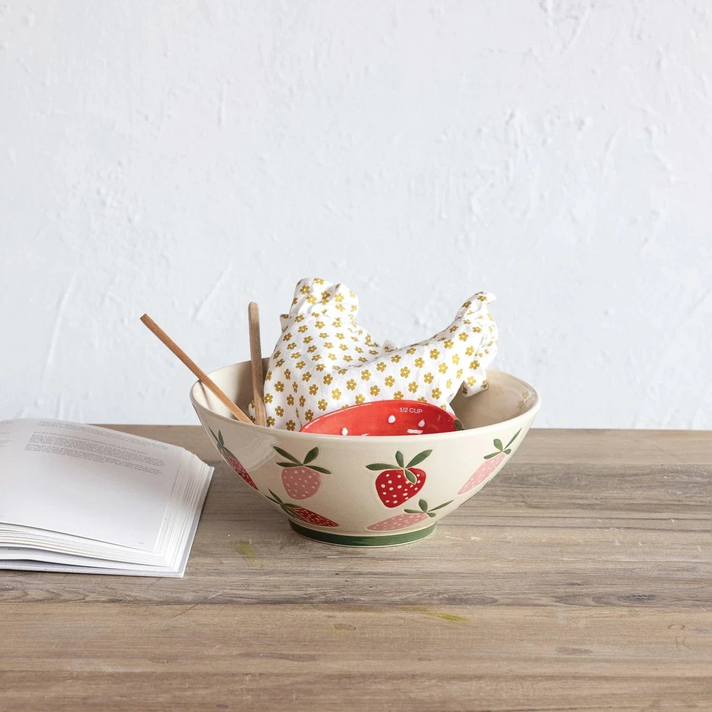Hand-Painted Stoneware Bowl w/ Wax Relief Strawberries