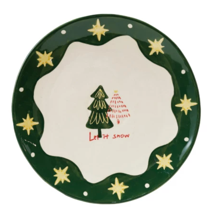 Hand-Painted Stoneware Plate with Holiday Design, 3 Styles