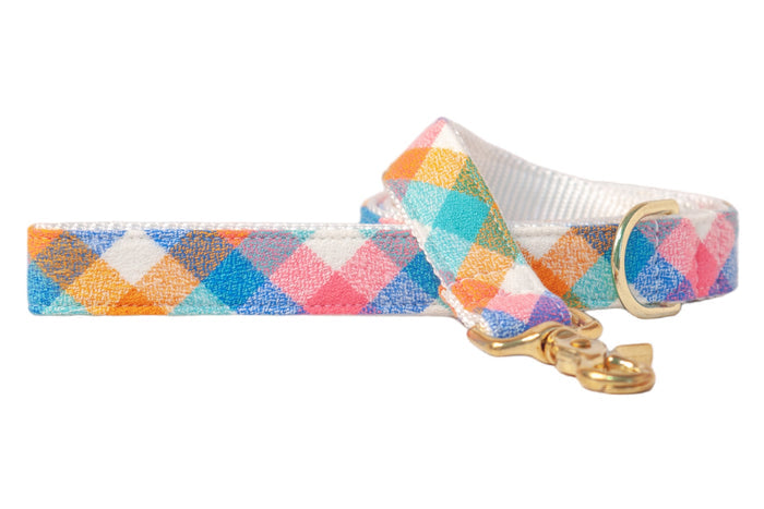 A cheerful dog leash in pastel plaid with pink, orange, and blue tones, paired with shiny hardware — perfect for pups who like to walk on the bright side.
