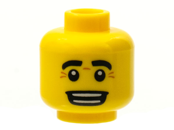 Minifigure, Head Black Eyebrows, White Pupils, Wrinkles, Open Mouth Smile with Teeth Pattern