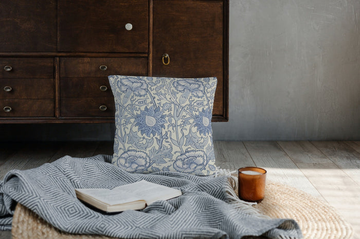 Pink & Rose Outdoor Pillow William Morris Blue Indigo Vellum