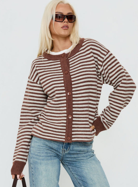 Darnelle Button Up Knit Cardigan Chocolate Stripe