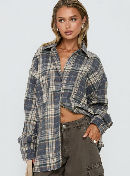 Clarity Oversized Long Sleeve Shirt Ash Plaid