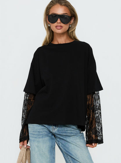 Valenciah Lace Layered Long Sleeve T-Shirt Black