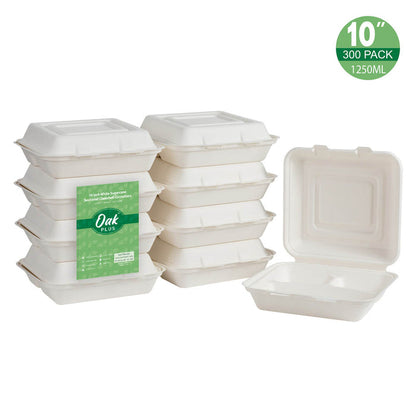 10 inch White Compostable & Disposable Sugarcane Sectional Clamshell Containers, 300 Pack