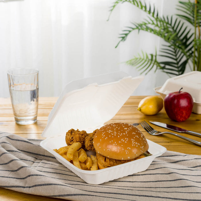 10 inch White Compostable & Disposable Sugarcane Sectional Clamshell Containers, 300 Pack