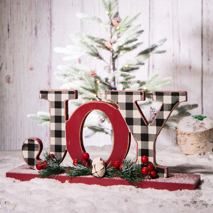 11.42"L Christmas Wooden Plaid "JOY" Table Decor
