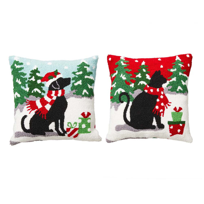 14"L Hooked Christmas Dog & Cat Throw Pillow, Set of 2