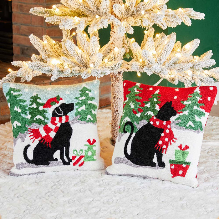 14"L Hooked Christmas Dog & Cat Throw Pillow, Set of 2