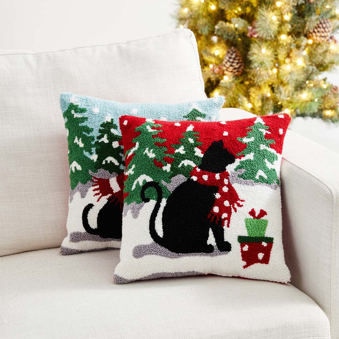 14"L Hooked Christmas Dog & Cat Throw Pillow, Set of 2