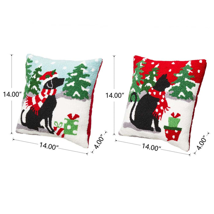 14"L Hooked Christmas Dog & Cat Throw Pillow, Set of 2