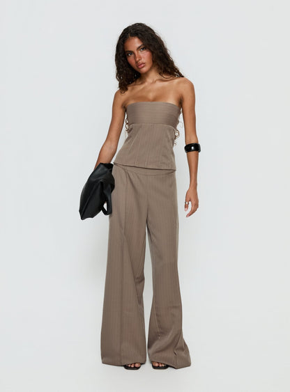 Madelle Mid Rise Straight Leg Pants Brown Pinstripe