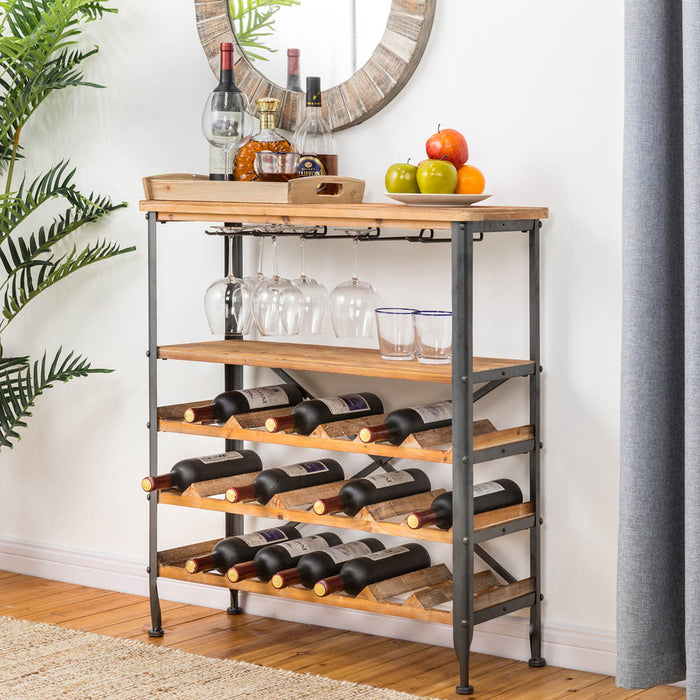 21 Bottle Floor Wooden Wine Rack with Metal Frame