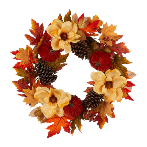 22"D Blooming Magnolia Wreath with Velvet Pumpkin and Pinecone