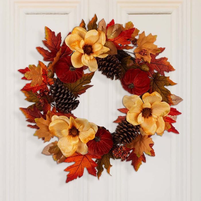 22"D Blooming Magnolia Wreath with Velvet Pumpkin and Pinecone