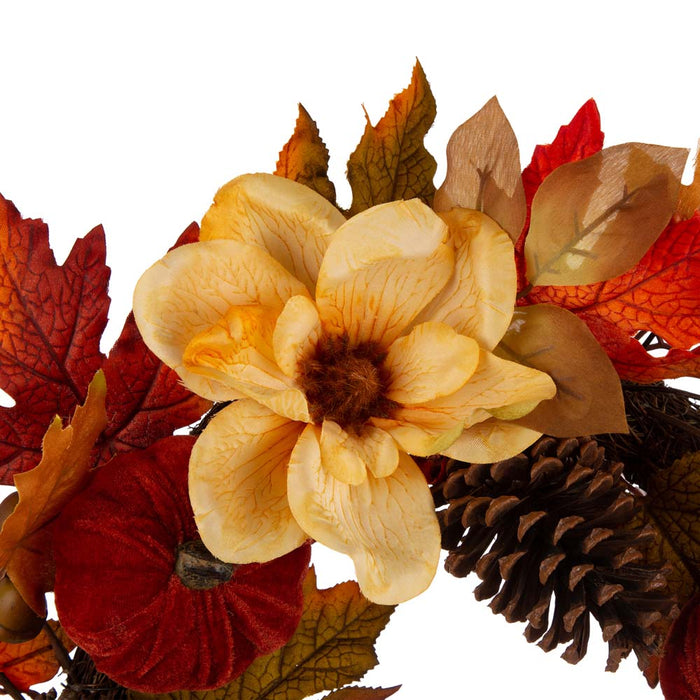 22"D Blooming Magnolia Wreath with Velvet Pumpkin and Pinecone