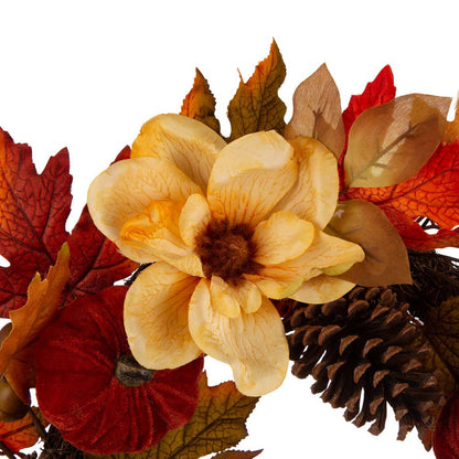22"D Blooming Magnolia Wreath with Velvet Pumpkin and Pinecone