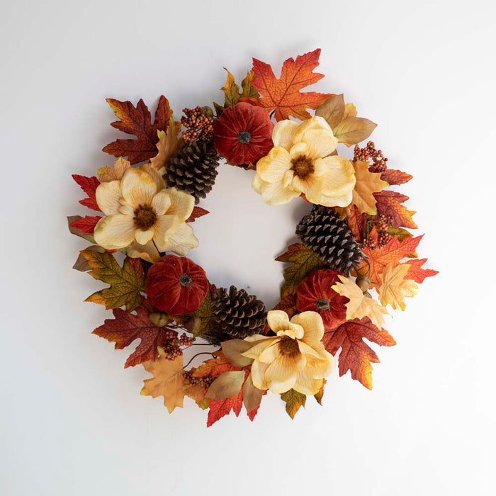 22"D Blooming Magnolia Wreath with Velvet Pumpkin and Pinecone