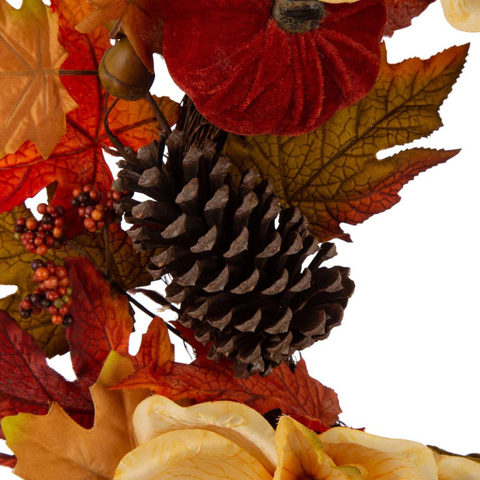 22"D Blooming Magnolia Wreath with Velvet Pumpkin and Pinecone