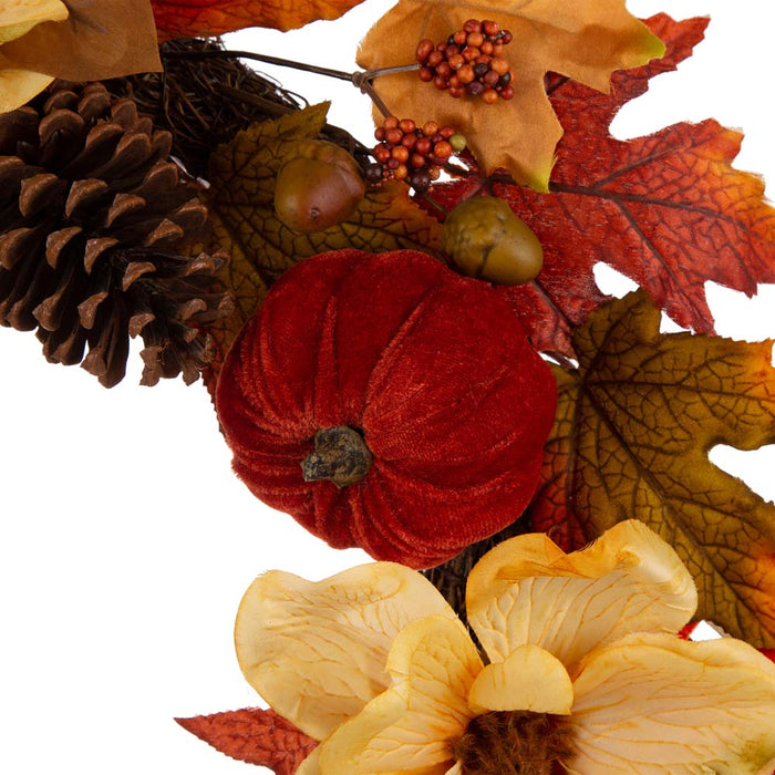 22"D Blooming Magnolia Wreath with Velvet Pumpkin and Pinecone