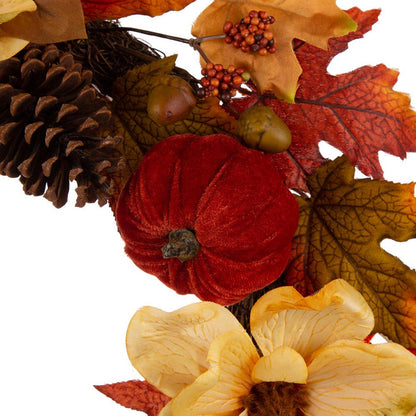 22"D Blooming Magnolia Wreath with Velvet Pumpkin and Pinecone