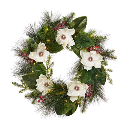 24"D Iced Magnolia Berry Pine Wreath With Lights