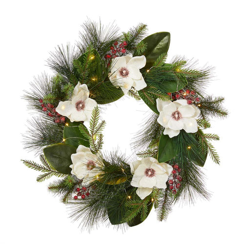 24"D Iced Magnolia Berry Pine Wreath With Lights