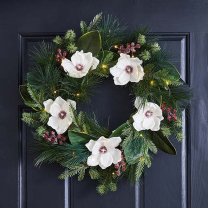 24"D Iced Magnolia Berry Pine Wreath With Lights