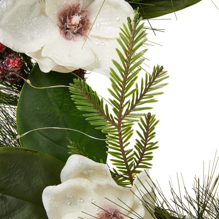 24"D Iced Magnolia Berry Pine Wreath With Lights
