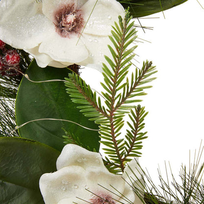 24"D Iced Magnolia Berry Pine Wreath With Lights