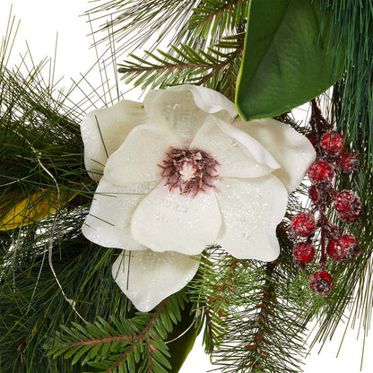 24"D Iced Magnolia Berry Pine Wreath With Lights