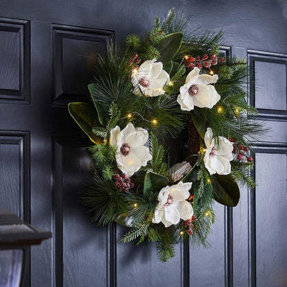 24"D Iced Magnolia Berry Pine Wreath With Lights