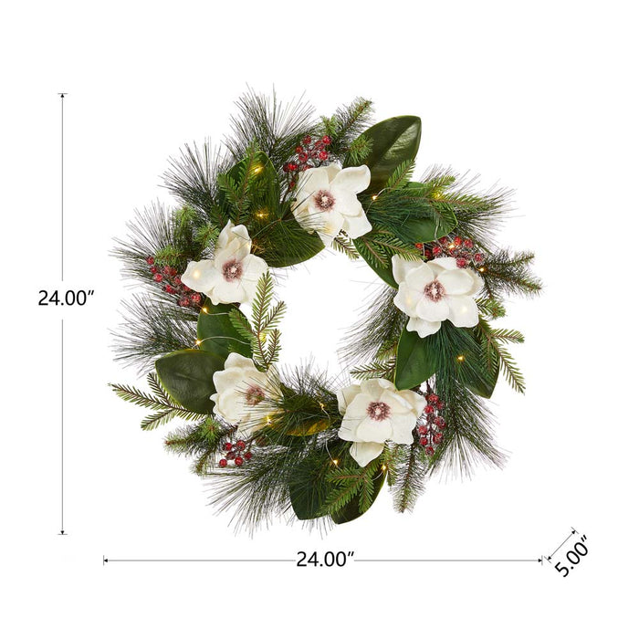 24"D Iced Magnolia Berry Pine Wreath With Lights