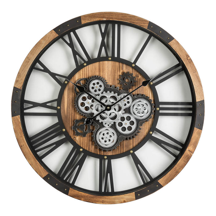 26.77"D Industrial Wooden/Metal Round Gear Wall Clock with Tempered Glass