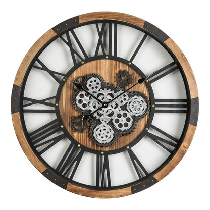 26.77"D Industrial Wooden/Metal Round Gear Wall Clock with Tempered Glass