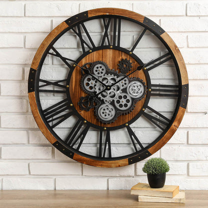 26.77"D Industrial Wooden/Metal Round Gear Wall Clock with Tempered Glass
