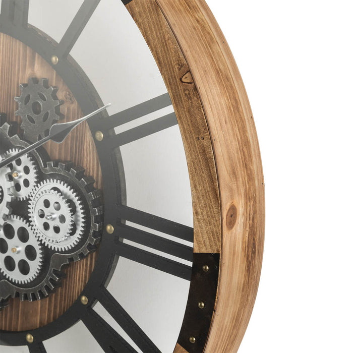 26.77"D Industrial Wooden/Metal Round Gear Wall Clock with Tempered Glass