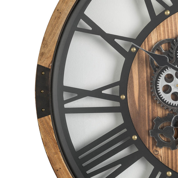 26.77"D Industrial Wooden/Metal Round Gear Wall Clock with Tempered Glass